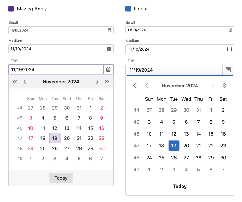 New Blazor Fluent Theme — Size Mode Comparison