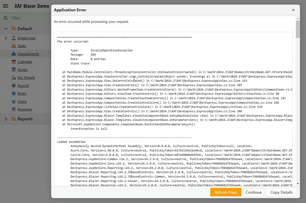 The Application Error window - XAF for Blazor, DevExpress