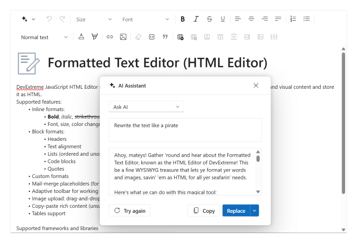 DevExtreme HTML Editor with a custom prompt int the AI Assistant window