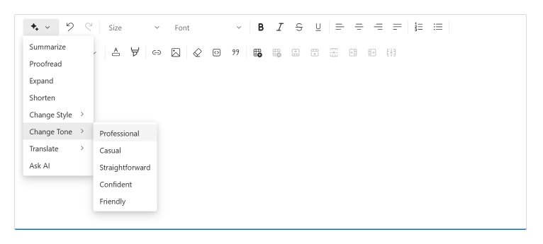 DevExtreme HTML Editor with AI menu open
