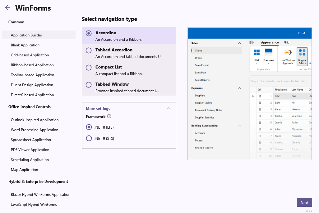 Select a Navigation Model - WinForms Application Builder, DevExpress