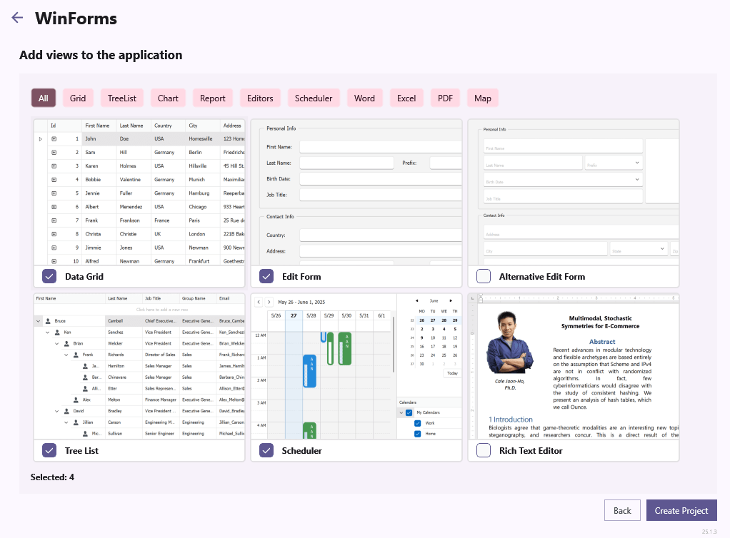 Select DevExpress Controls - WinForms Application Builder, DevExpress