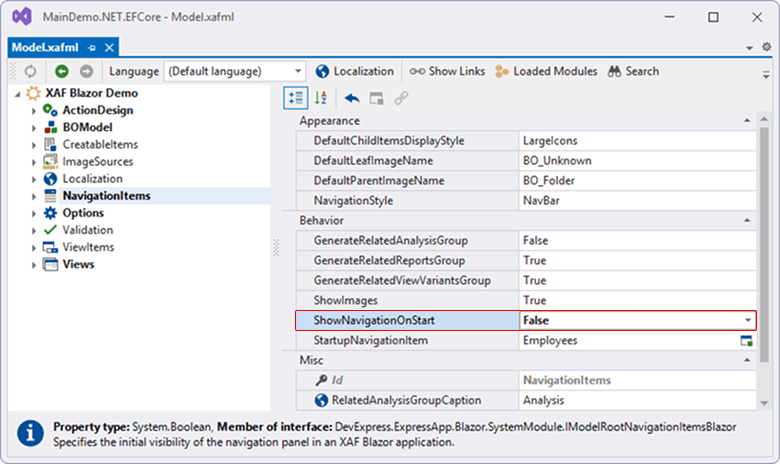 ShowNavigationOnStart Property in the Model Editor, DevExpress