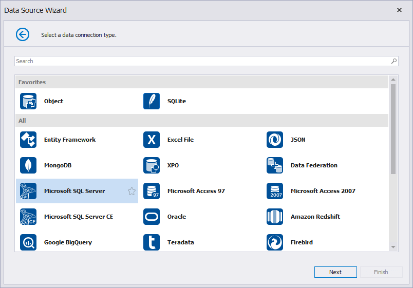 Data Source Wizard — Favorite (Pinned) Data Sources, DevExpress Reports